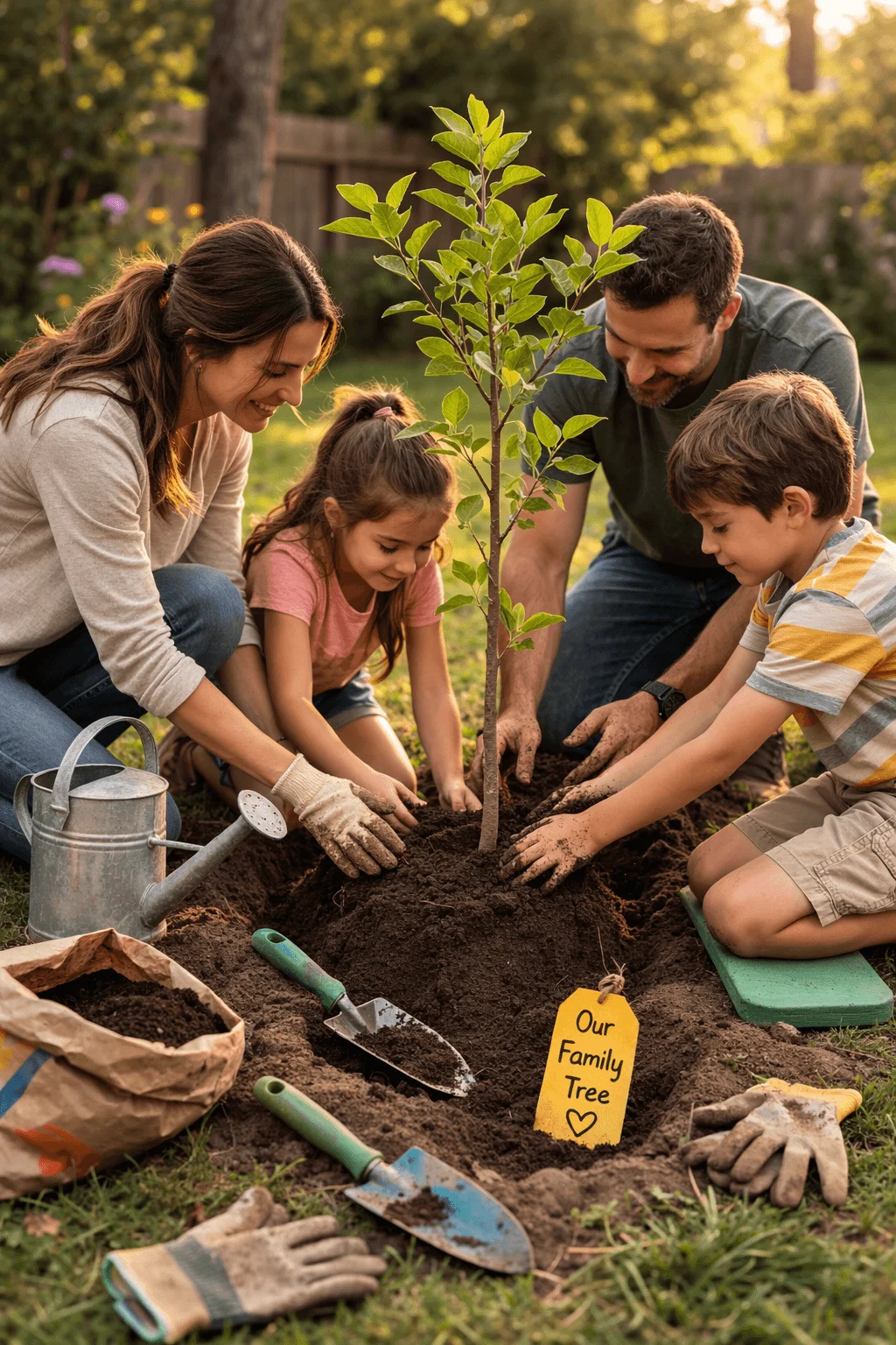 A family of four kneeling together in a backyard garden as they plant a young tree in freshly dug soil. The parents and two children gently pack soil around the sapling while gardening tools and gloves lie nearby. A small yellow tag in the ground reads Our Family Tree, symbolizing a long term commitment to nurturing the tree as it grows.