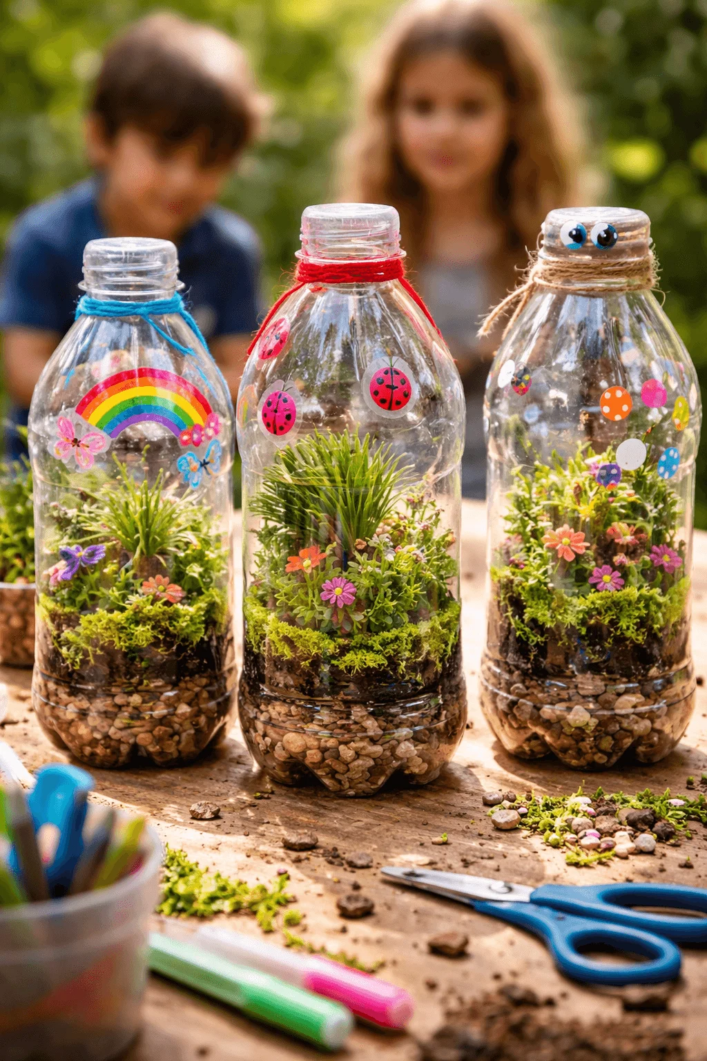 Children creating miniature terrariums inside recycled plastic bottles filled with layers of pebbles soil moss and small plants decorated with colorful stickers and craft materials during an outdoor eco friendly activity.