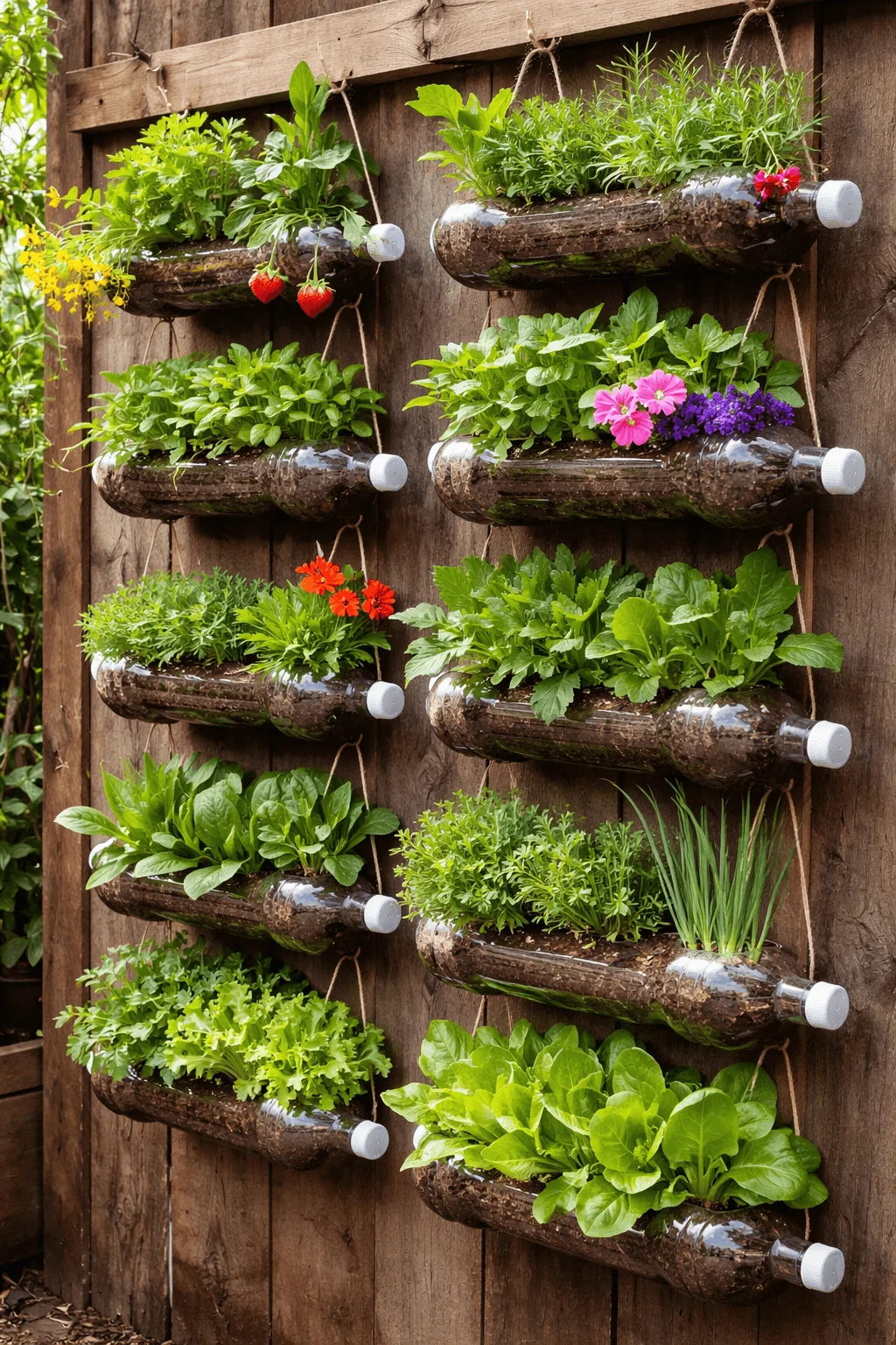 Vertical garden made from recycled plastic bottles filled with soil and growing herbs and plants mounted on a wooden wall