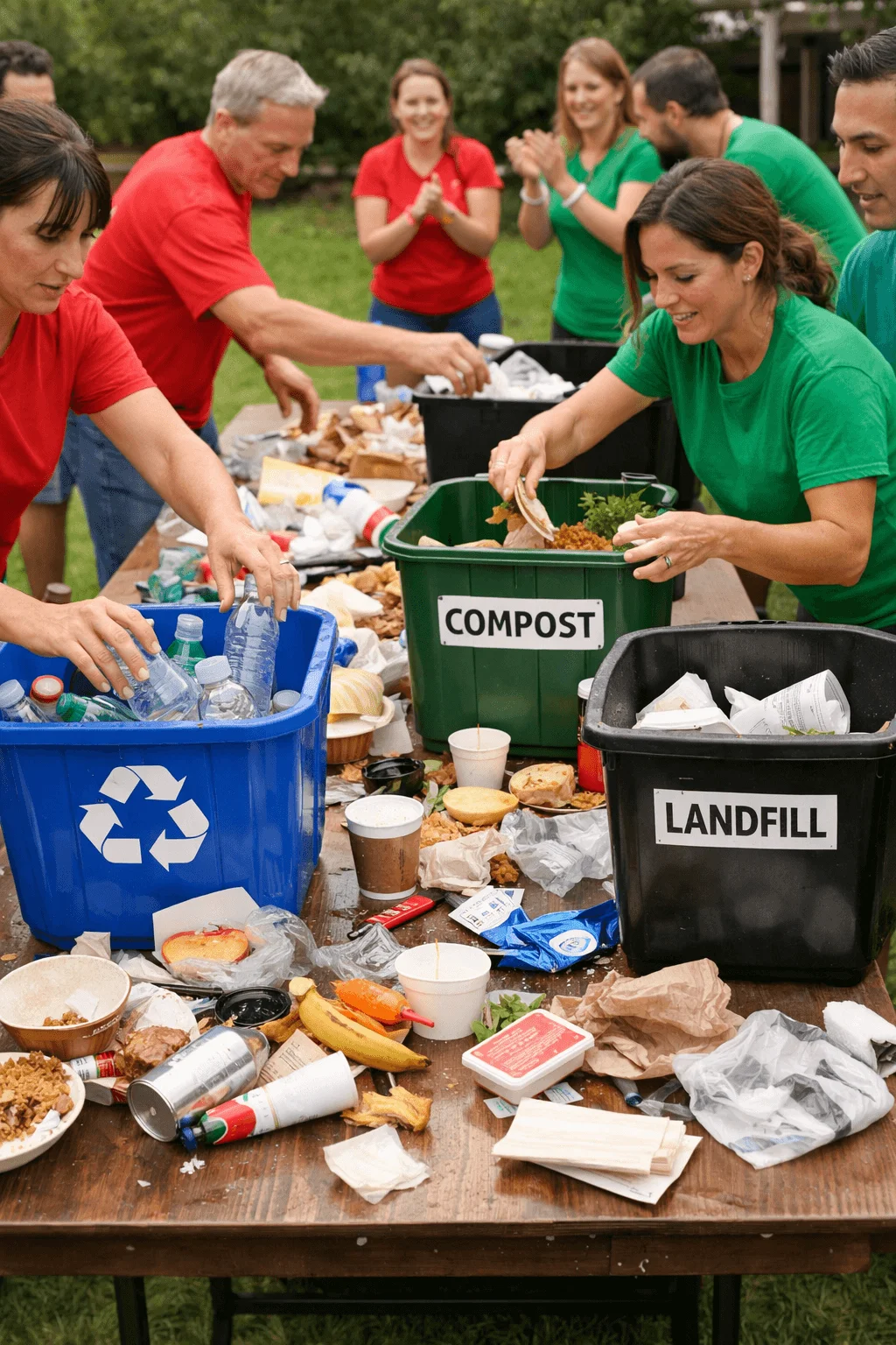 Participants sorting waste into recycle, compost, and landfill bins during a hands-on environmental activity focused on proper waste separation.