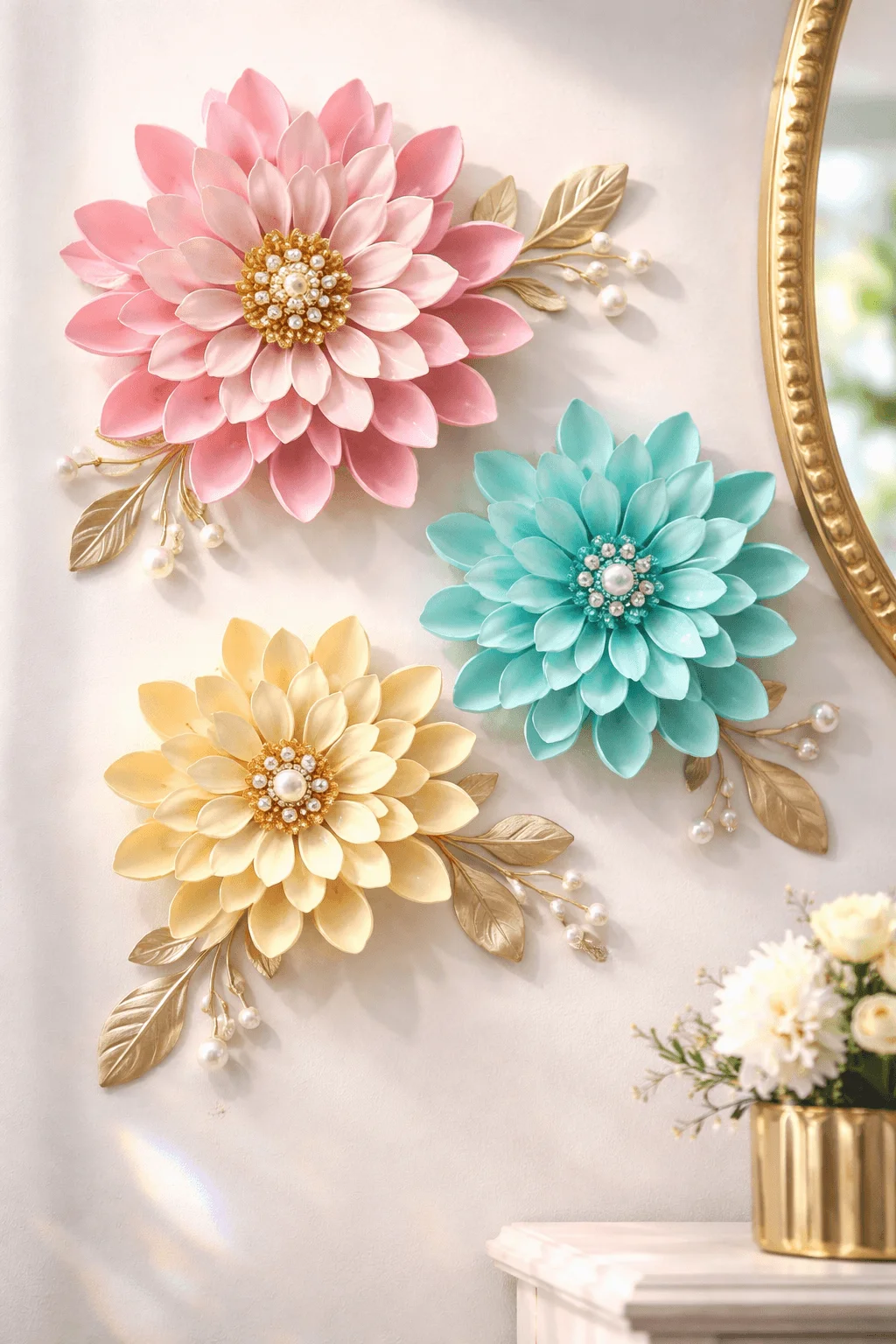 Decorative wall art made from painted plastic spoons arranged into colorful flower shapes with ornate centers and leaves