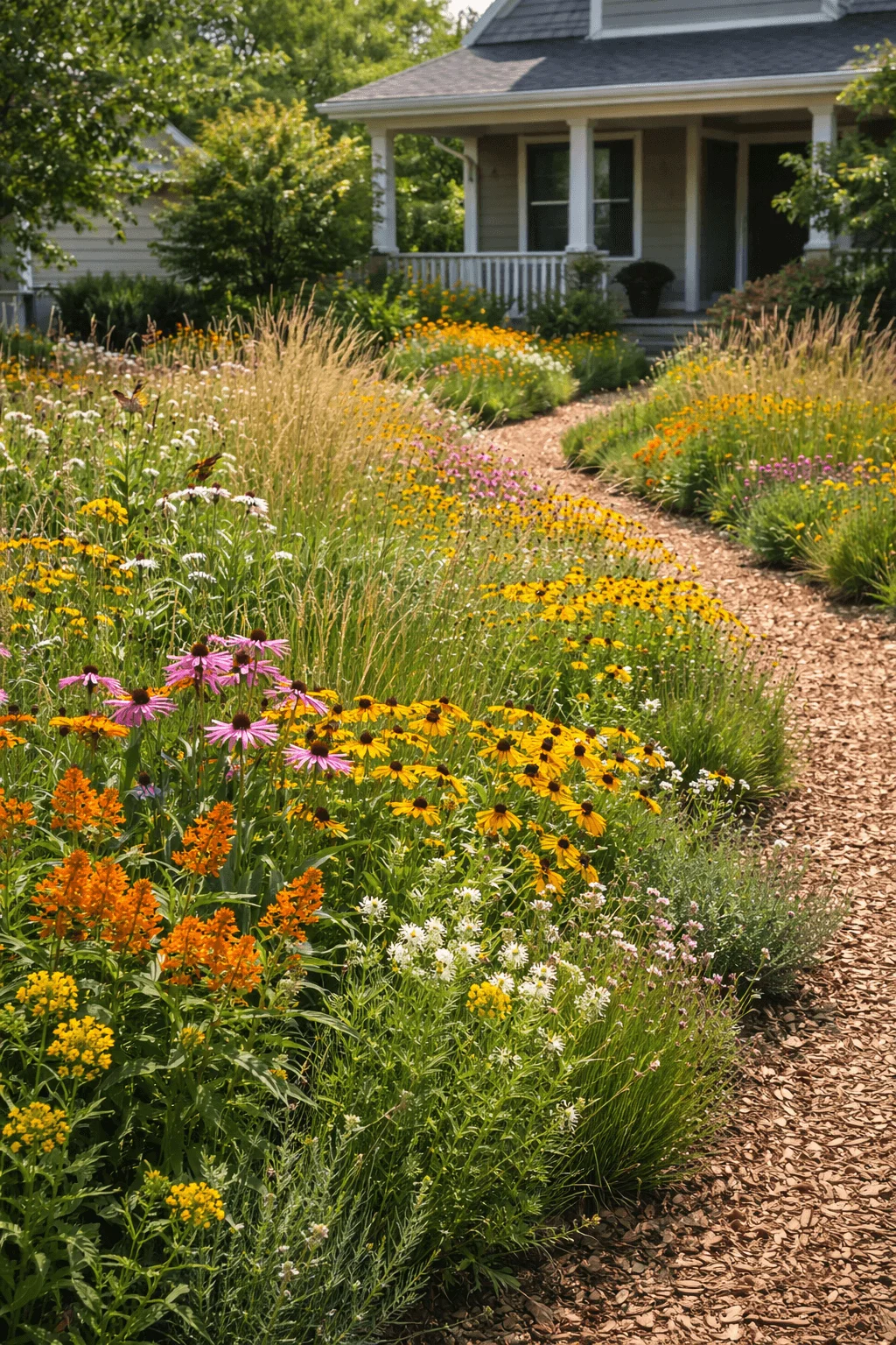 Colorful pocket prairie garden with native wildflowers ornamental grasses and a winding mulch path leading to a charming front porch surrounded by lush greenery