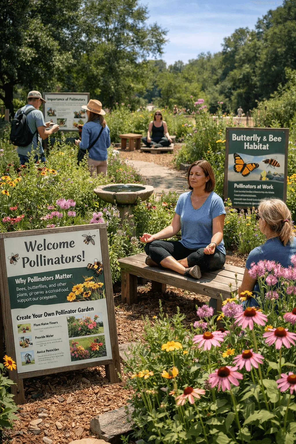 People relaxing and learning in a colorful pollinator garden with blooming native flowers welcome pollinators and butterfly and bee habitat signs visible and a woman meditating on a wooden bench surrounded by plants