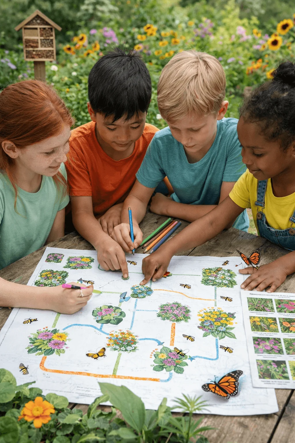 Children designing a pollinator garden path map with flowers, bees, and butterflies.