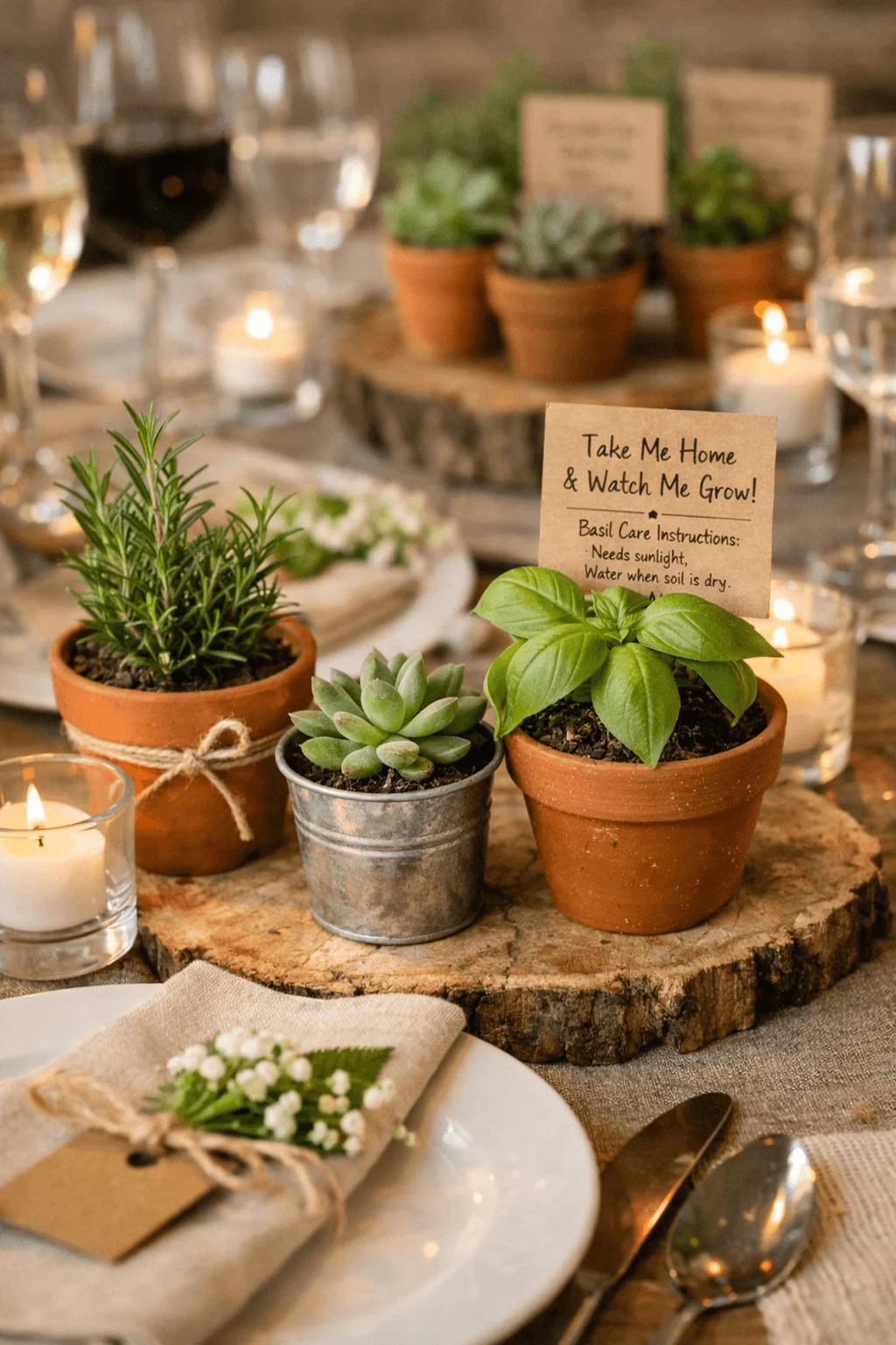 Rustic table setting with small potted herbs and succulents on a wooden slab centerpiece including rosemary basil and a succulent with a card that says Take Me Home and Watch Me Grow with basil care instructions surrounded by candles glassware plates and linen napkins