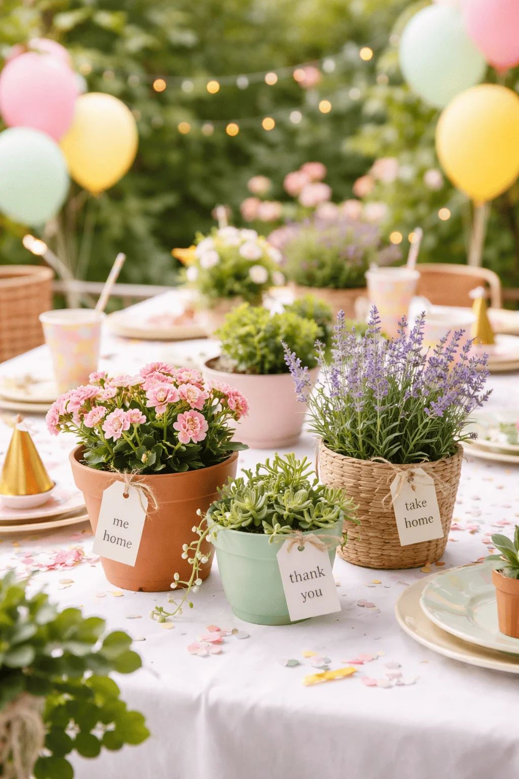 Outdoor birthday table with pastel balloons string lights and potted plant centerpieces including pink flowers lavender and succulents with take home thank you tags on a decorated table with plates cups and party hats