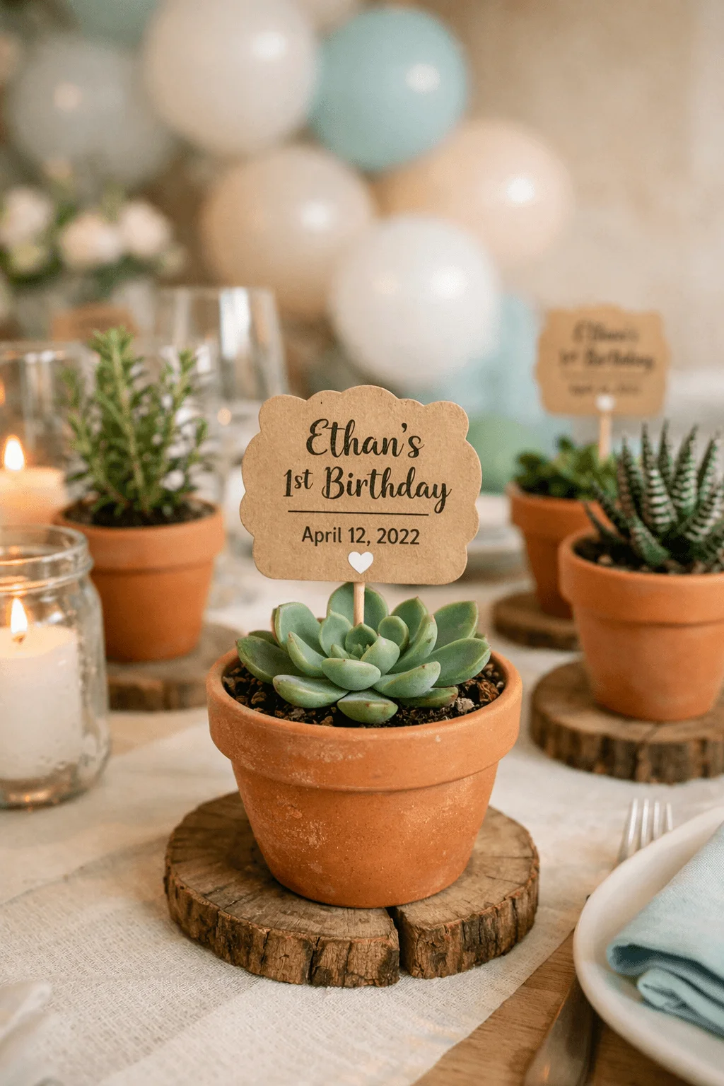 Small potted succulent centerpiece in a terracotta pot with a wooden tag reading Ethans first birthday and date placed on a rustic wood slice surrounded by candles and pastel balloons in the background