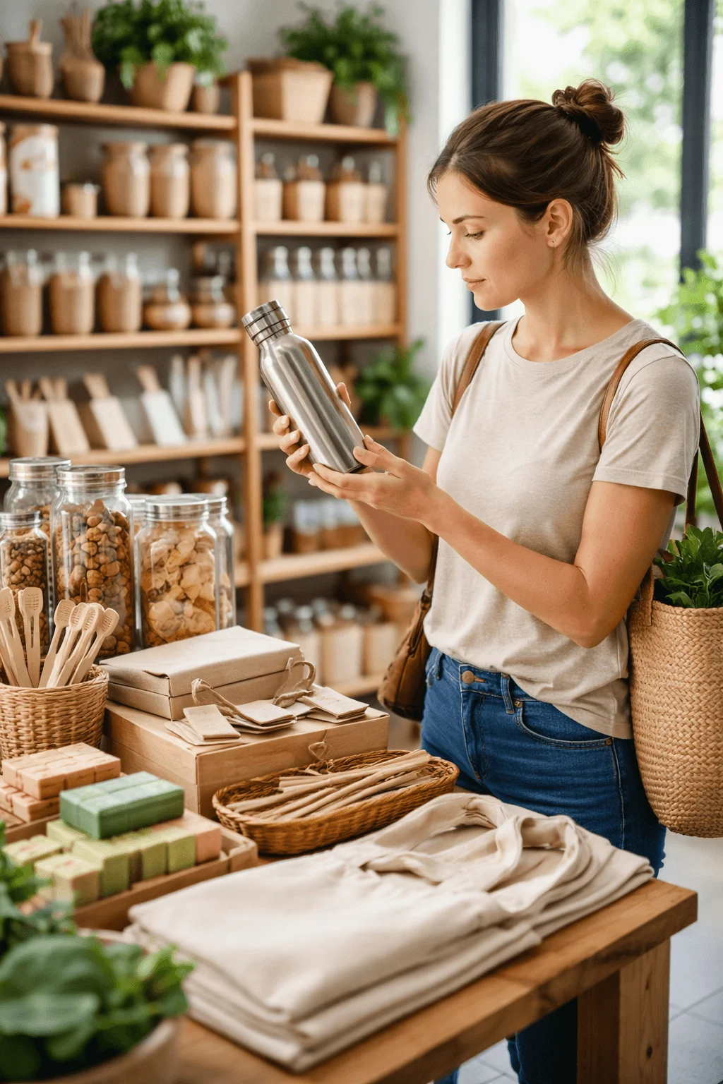 Woman examining a reusable stainless steel bottle in a zero-waste store with eco-friendly household products and sustainable packaging.