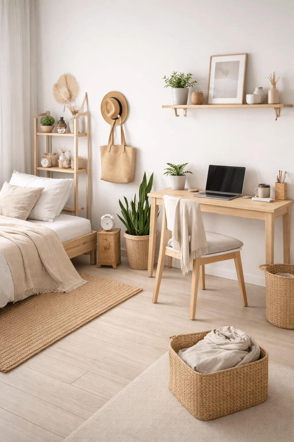 A minimalist student living space with simple wooden furniture, natural materials, indoor plants, and a tidy desk and bed, reflecting a clean and sustainable lifestyle.