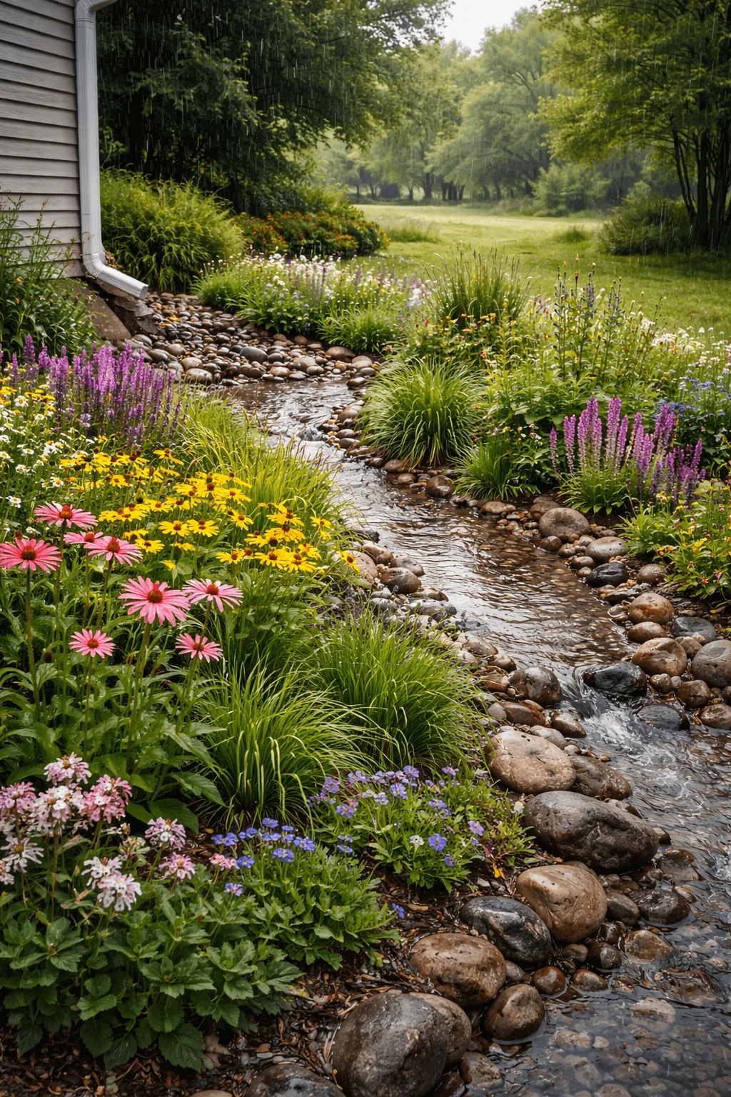 Rain garden beside a house with a downspout directing water into a shallow stone lined stream surrounded by colorful native flowers ornamental grasses and lush greenery during a gentle rainfall