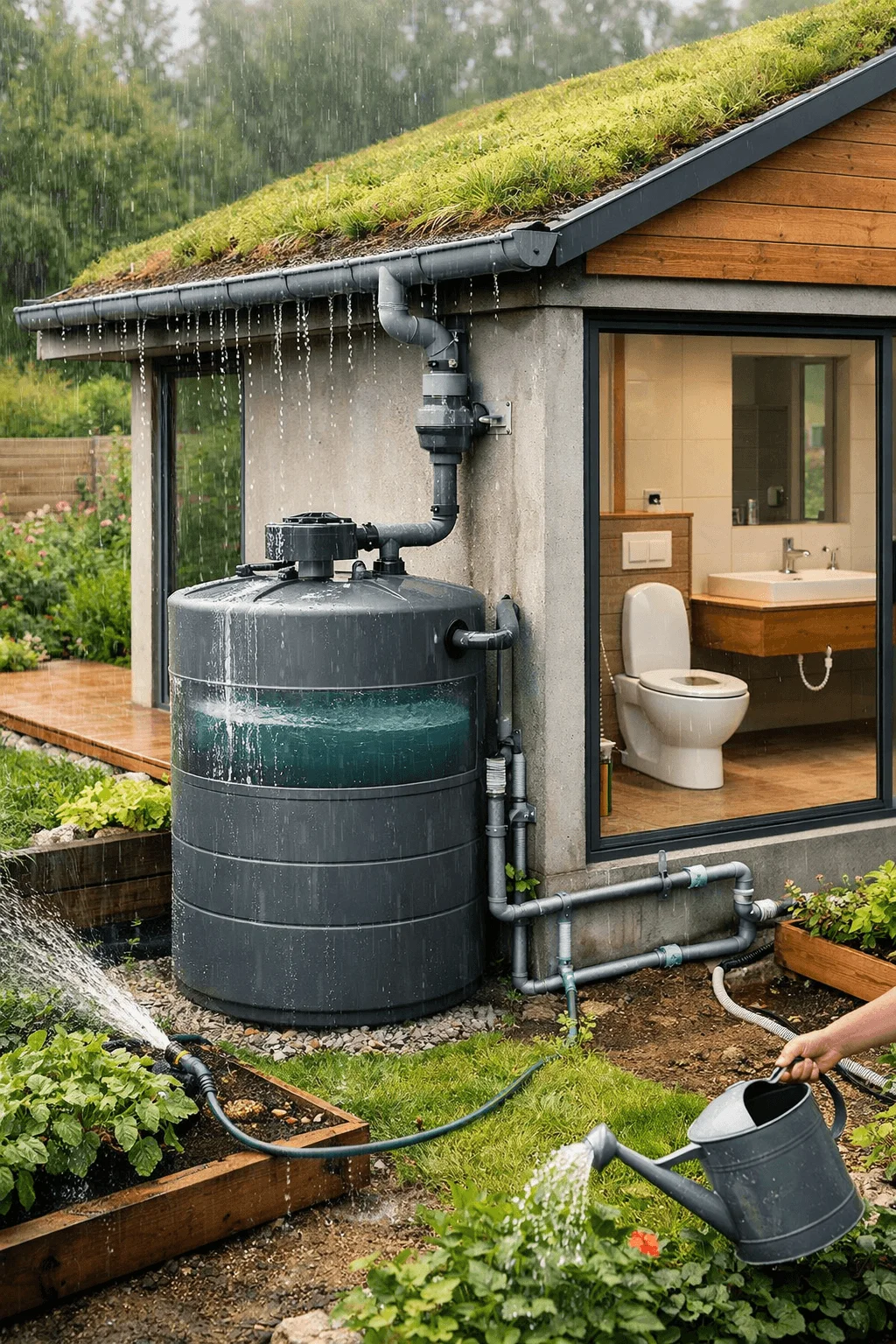 Rainwater harvesting architecture system with green roof, rooftop gutters directing rainwater into a storage tank for garden irrigation and sustainable water reuse.