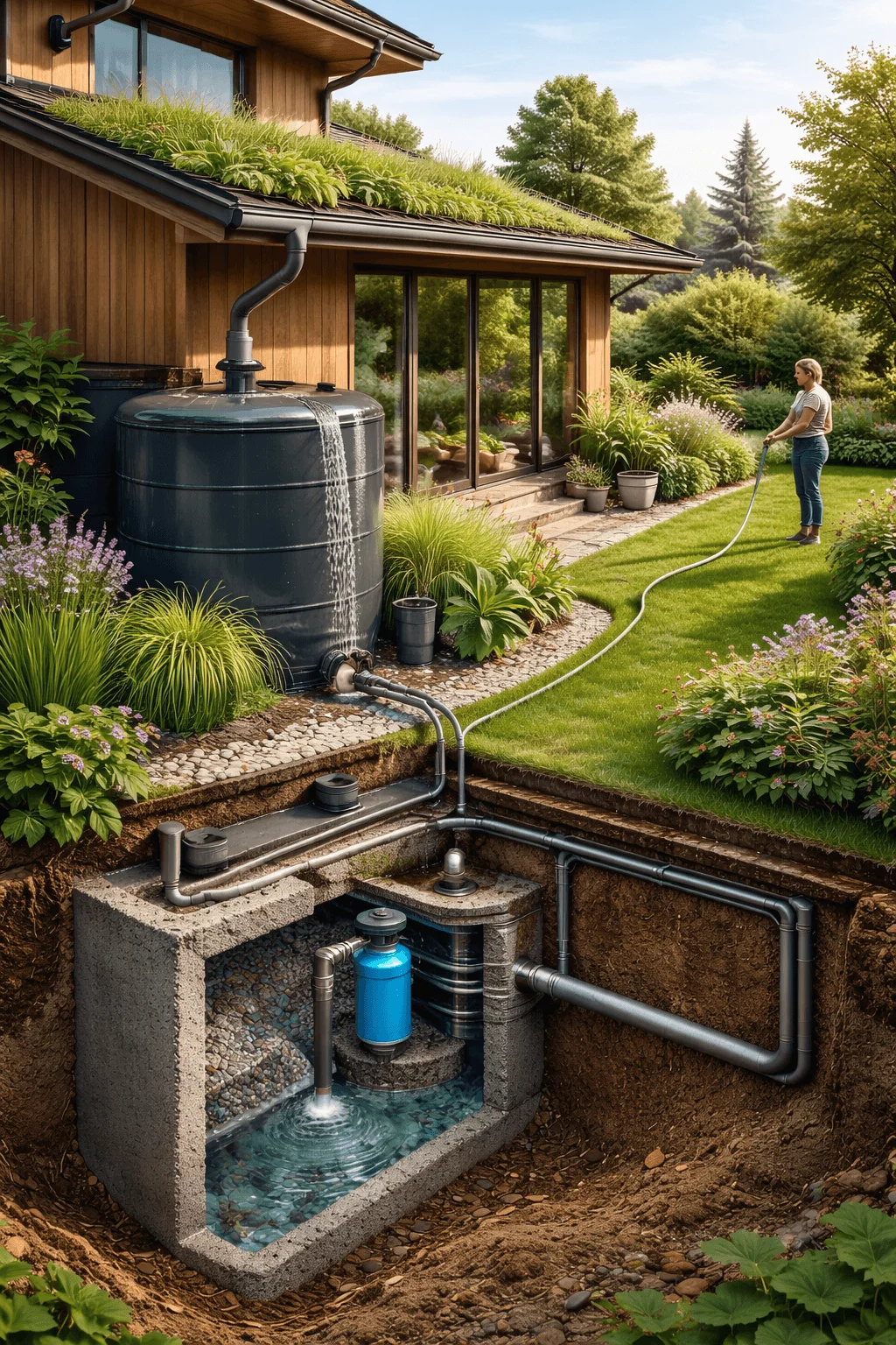 Rainwater harvesting system connected to a home’s roof gutter, showing a storage tank and underground filtration chamber that collects and filters rainwater for garden irrigation.