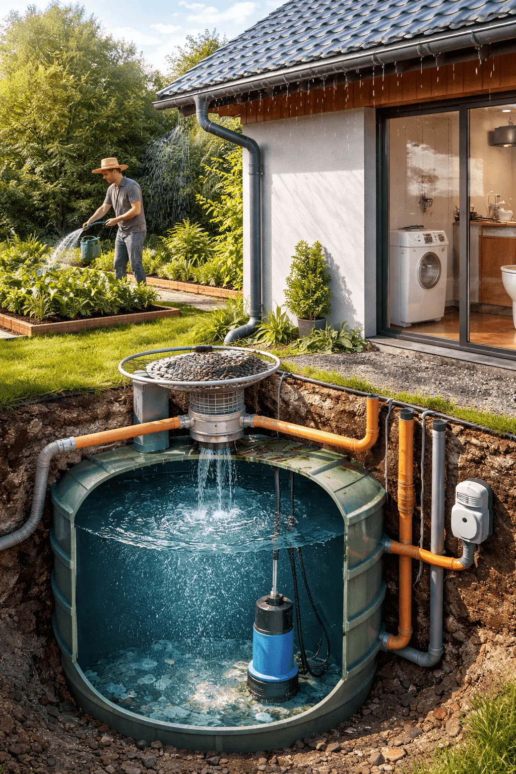 Rainwater harvesting system with underground storage tank collecting roof runoff for garden irrigation.