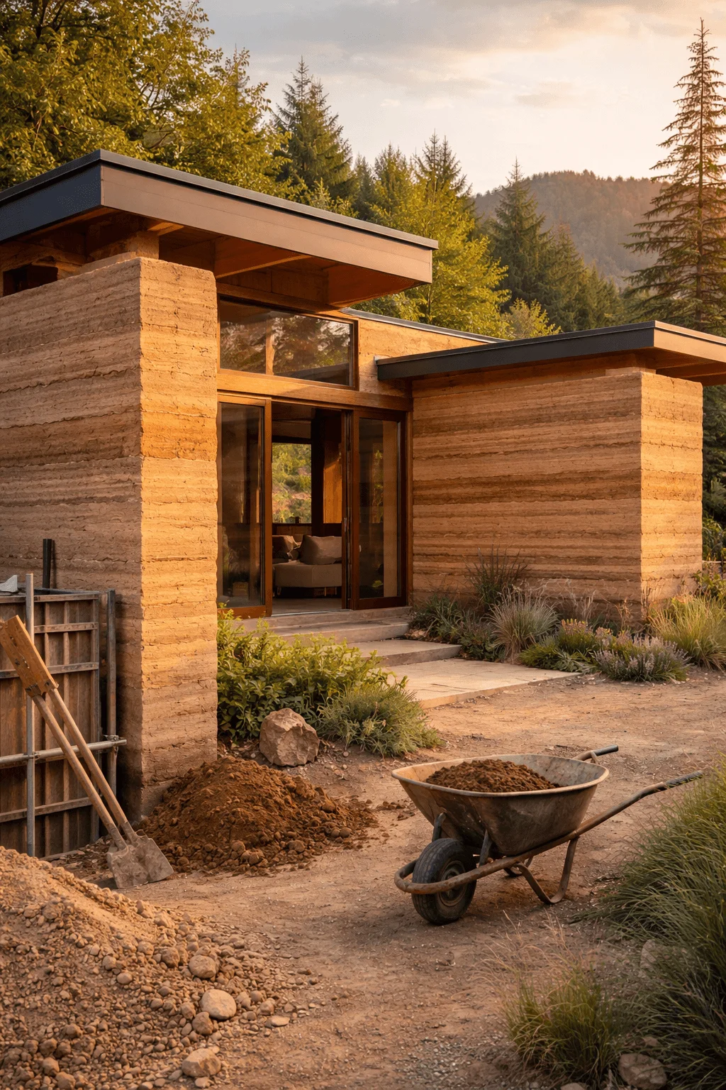 Rammed earth house construction with natural soil walls and sustainable building materials.