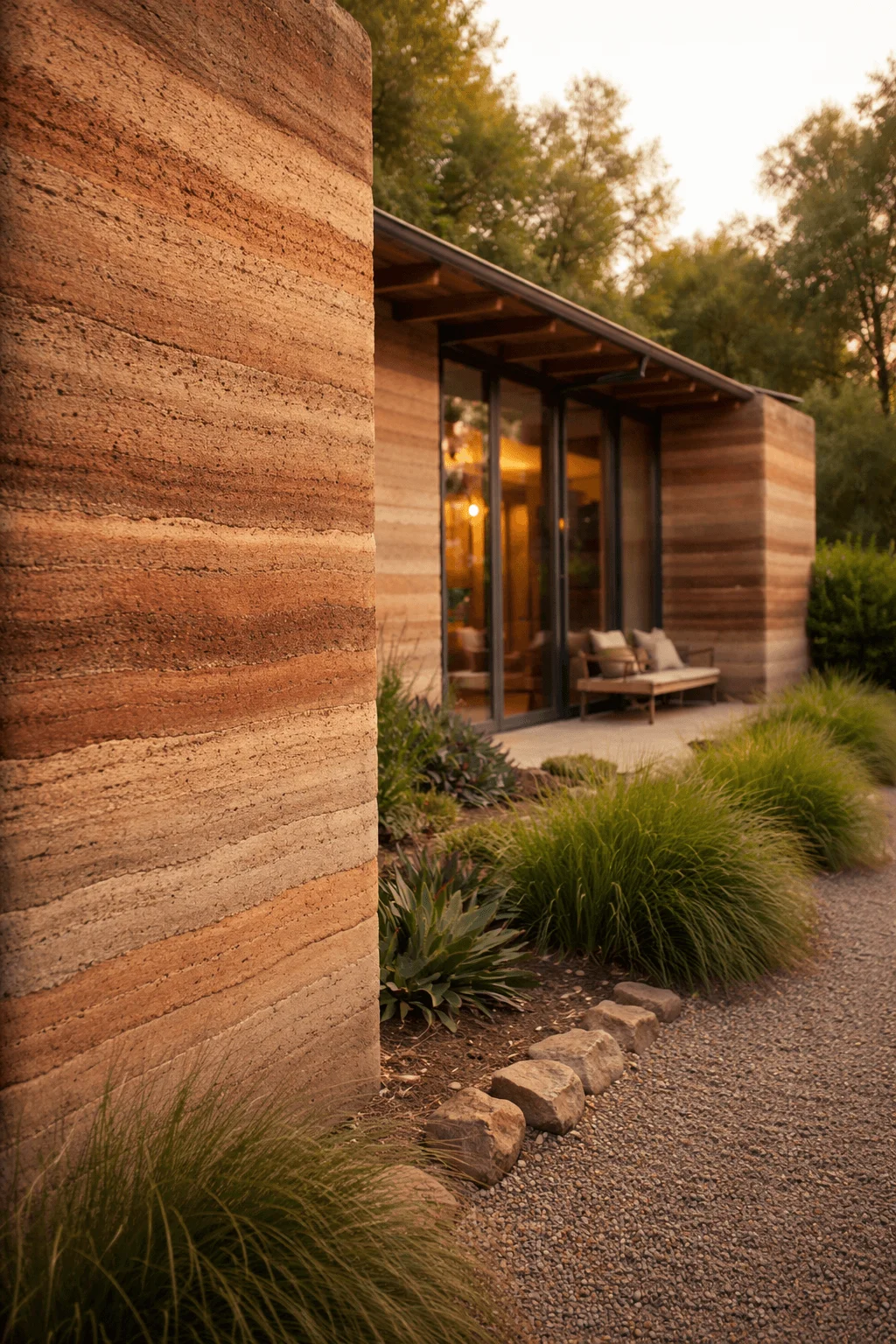 Modern eco-friendly house exterior built with rammed earth walls, showcasing natural layered textures that provide excellent thermal insulation. The design features large floor-to-ceiling glass doors for natural light, a minimalist patio seating area, and drought-tolerant landscaping with native grasses and gravel pathways, creating a sustainable home that blends harmoniously with the surrounding natural environment.