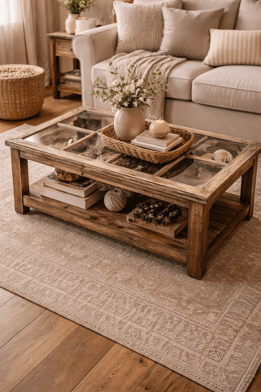 Rustic coffee table made from a reclaimed window frame with a glass top, styled with books, a vase, and decor in a cozy living room.