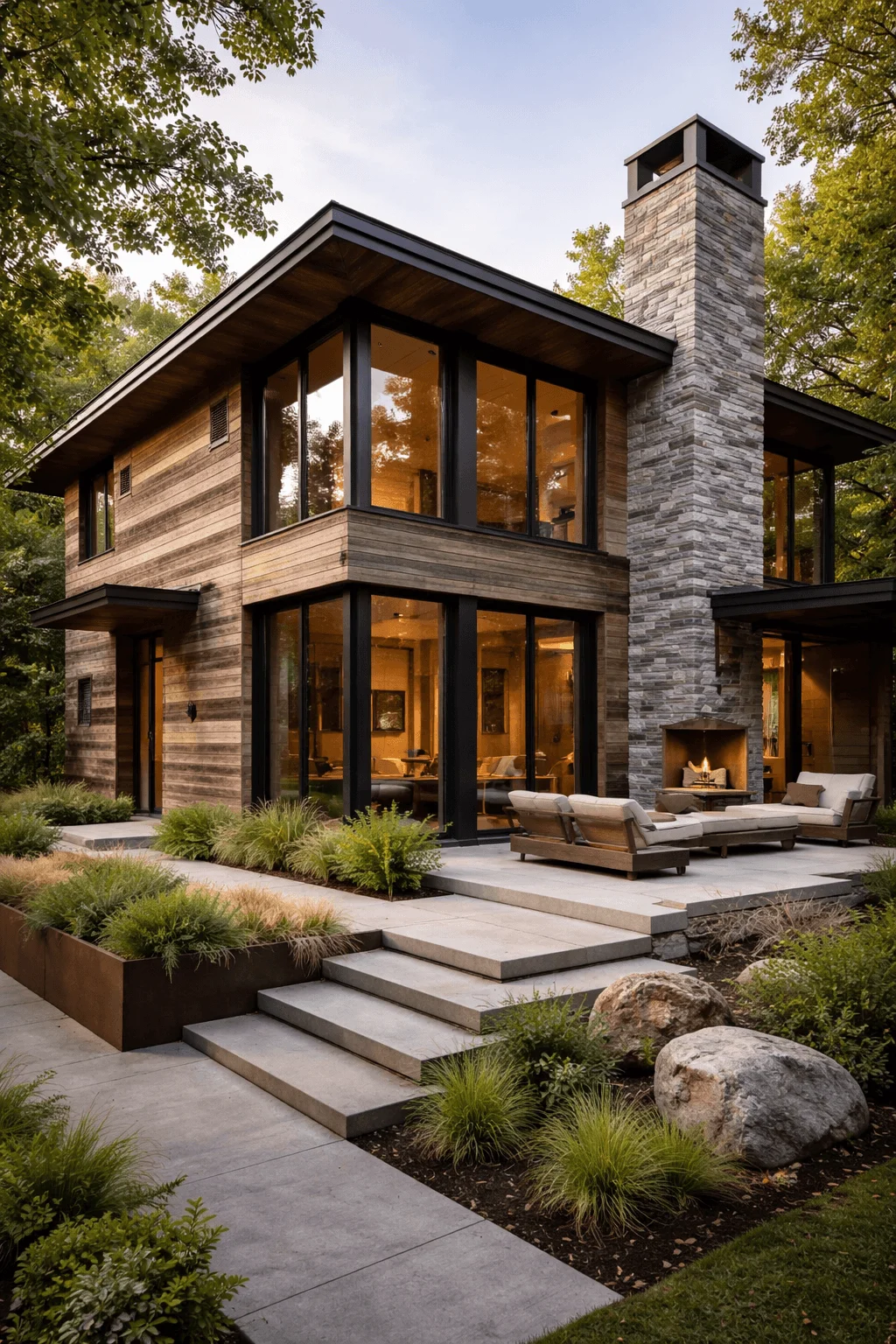 Modern eco-friendly house exterior featuring reclaimed wood cladding, large energy-efficient glass windows for natural lighting, and a stone chimney that adds natural insulation. The outdoor patio area includes sustainable landscaping with native plants, natural stone steps, and a minimalist garden design that blends the home seamlessly with the surrounding forest environment.