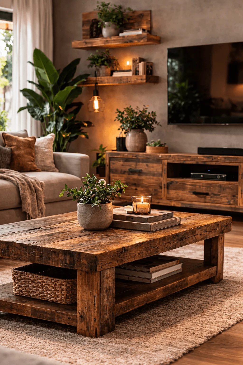 Cozy living room with reclaimed wood coffee table rustic wooden shelves indoor plants warm lighting wall mounted television and neutral sofa creating a natural inviting space.