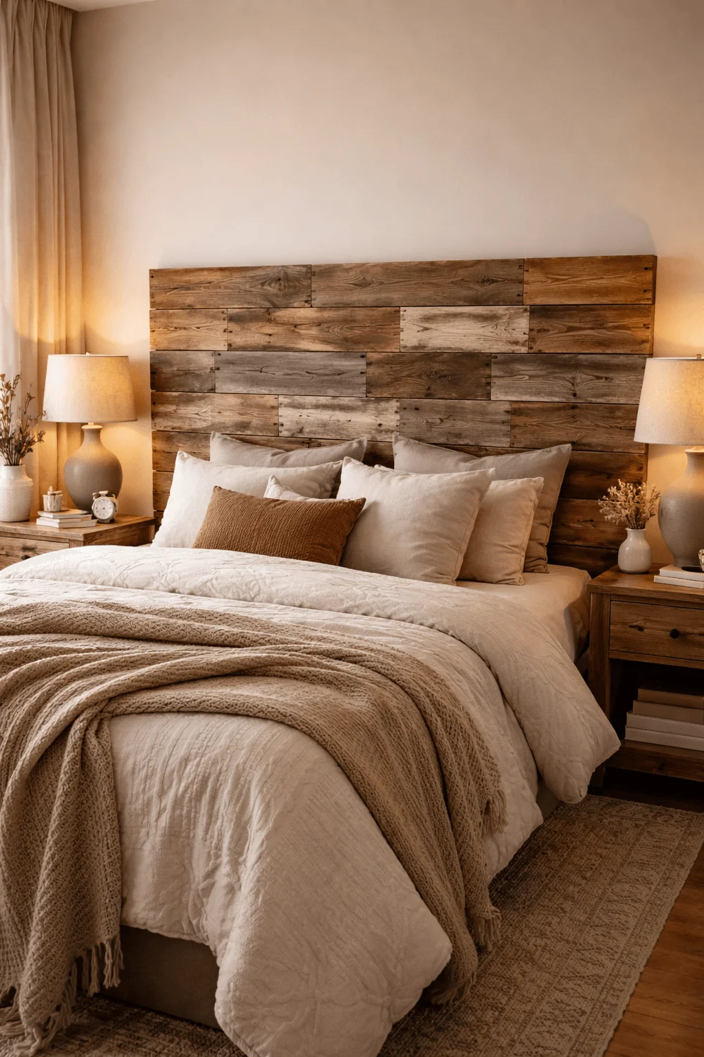 Reclaimed wood plank headboard creating a rustic bedroom accent with neutral bedding, bedside lamps, and cozy decor.