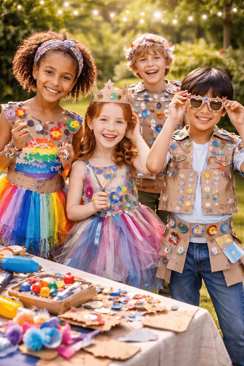 Four children smiling outdoors while wearing colorful outfits decorated with recycled craft materials such as buttons, cardboard pieces, and handmade decorations, standing around a table filled with art supplies used to create their creative and sustainable fashion designs.