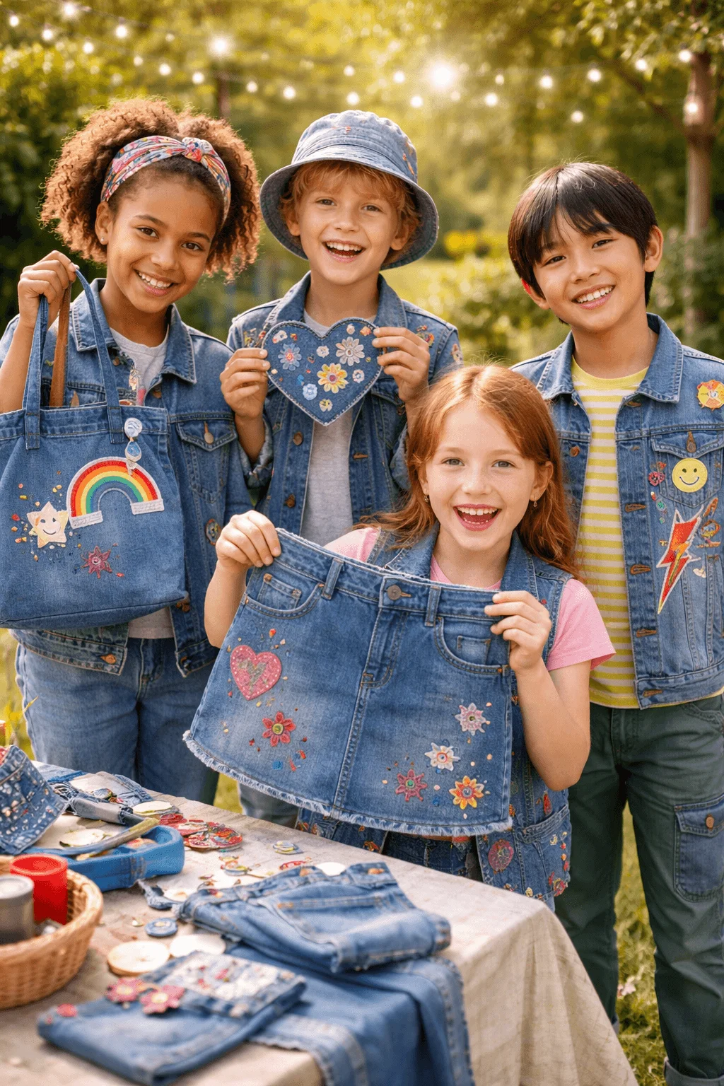 Four children smiling outdoors while showing handmade fashion items created from recycled denim including a skirt bag and jacket decorated with colorful patches embroidery and creative designs.