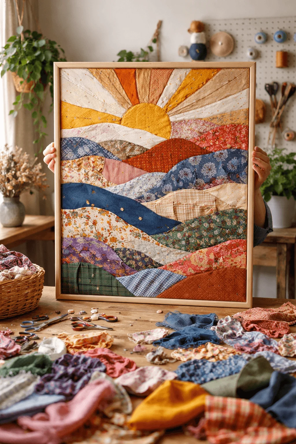 Framed patchwork wall art made from colorful recycled fabric scraps depicting a layered landscape with a sun, surrounded by sewing tools and fabric pieces on a craft table.