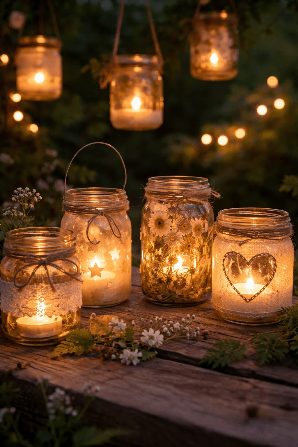 Decorative lanterns made from recycled glass jars with candles inside, adorned with twine, lace, and patterns, glowing warmly in an outdoor setting.