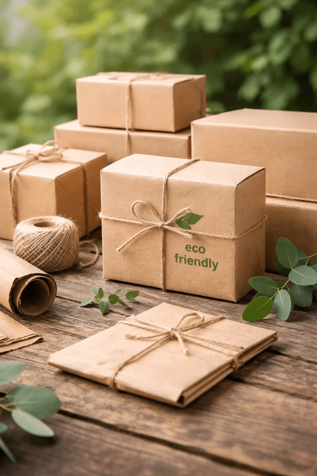 Recycled kraft paper packaging boxes tied with natural twine, featuring simple eco friendly branding and minimalist sustainable design
