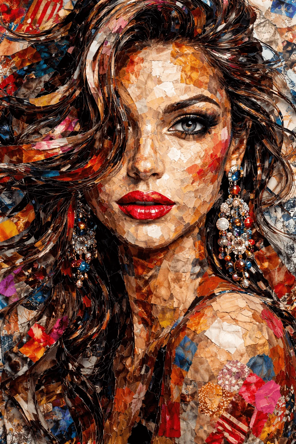 Portrait collage artwork of a woman’s face made from layered recycled magazine paper with vibrant colors, textured details, and bold red lips.