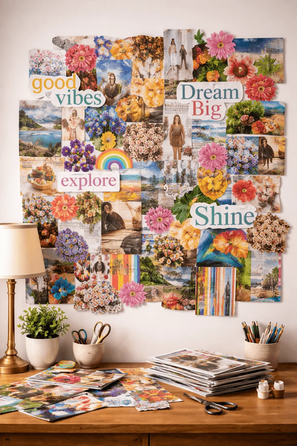 Colorful wall collage made from recycled magazine cutouts featuring images, flowers, and inspirational words arranged creatively above a workspace