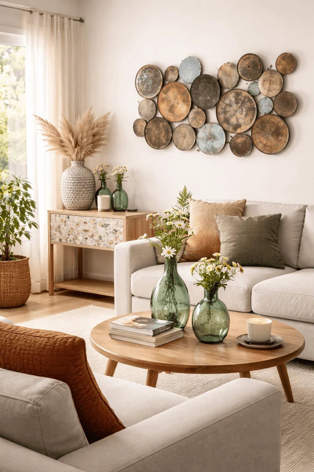 Eco friendly living room with recycled material wall art natural wood furniture glass vases with fresh flowers and soft earth tone decor creating a warm sustainable space.
