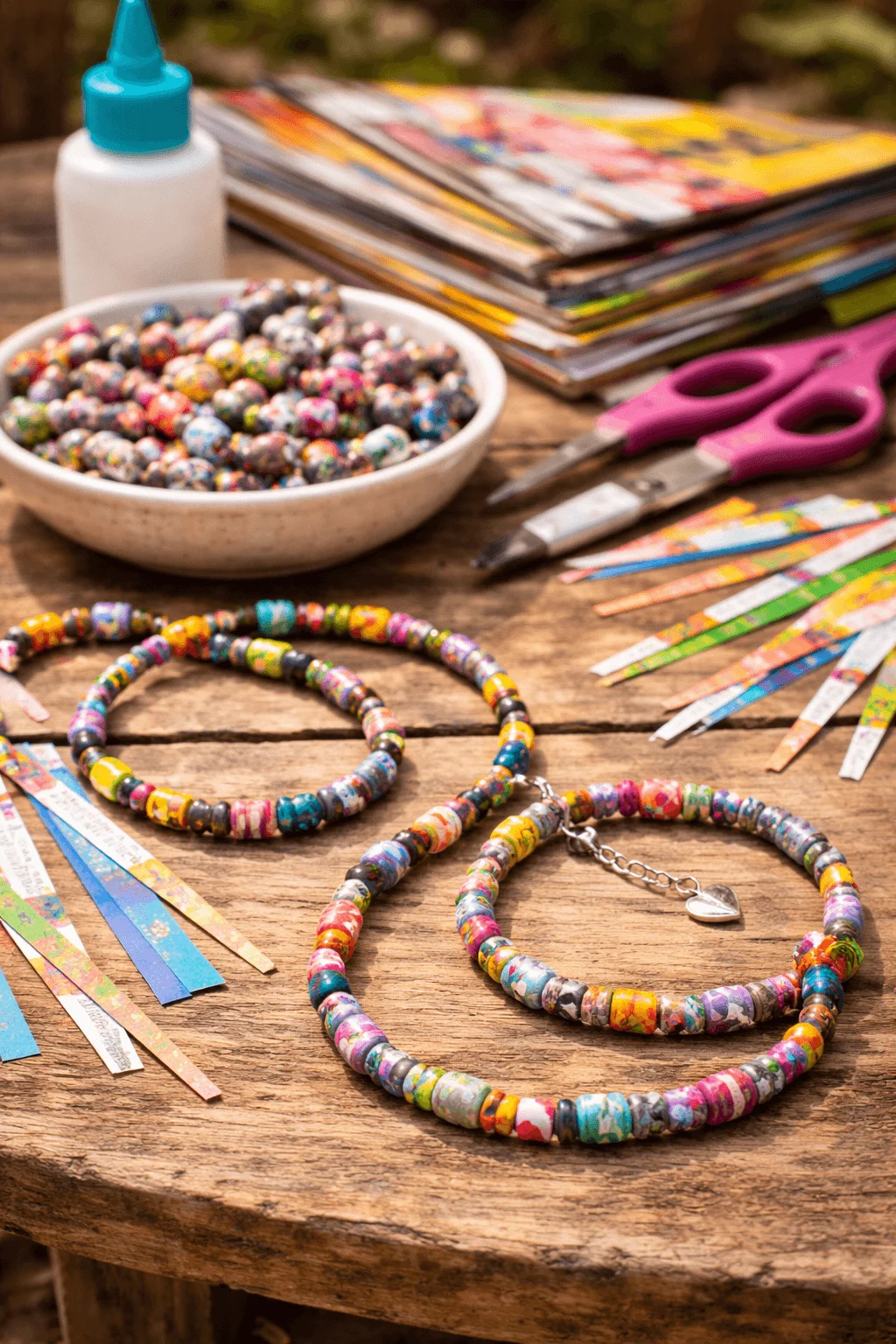 Colorful handmade jewelry created from recycled paper beads rolled from magazine strips and strung into bracelets and necklaces displayed on a wooden craft table with scissors glue and craft supplies.