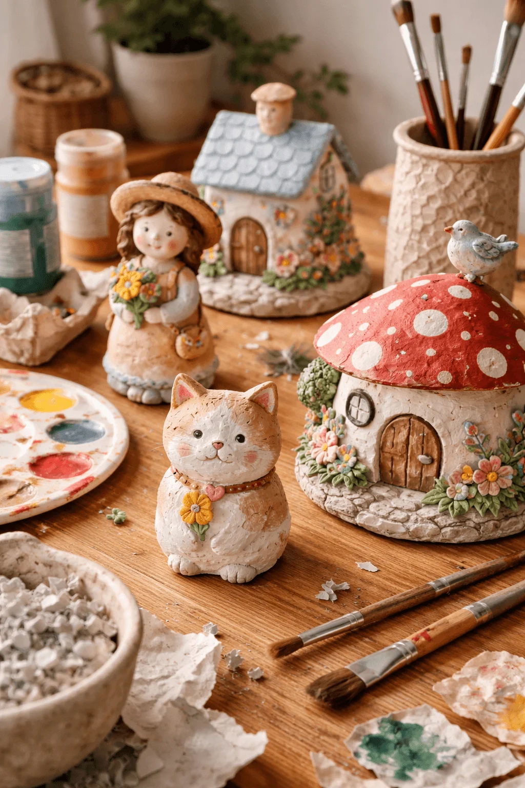 Handmade miniature sculptures crafted from recycled paper clay including a cat, small houses, and decorative figures on a craft table with paints and tools