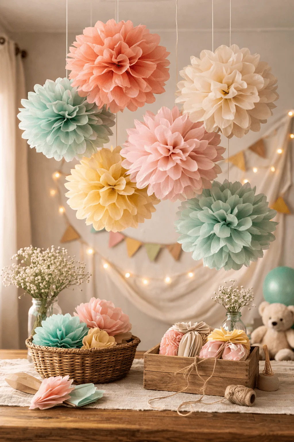 Pastel recycled paper pom poms in peach mint yellow pink and cream hanging from the ceiling above a wooden table with a basket of folded paper decorations wrapped gifts glass jars with flowers string lights bunting and a teddy bear in a cozy party setting