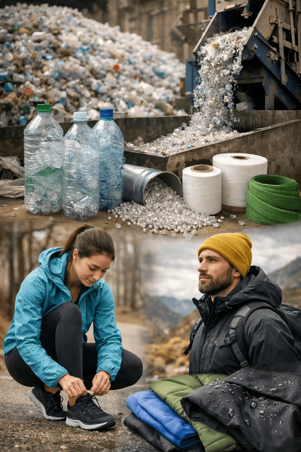 Recycled plastic transformed into sustainable performance fabrics, showing the circular process from plastic bottle waste to textile production. The image illustrates plastic bottles being processed into pellets and yarn, which are then used to create durable outdoor clothing and athletic wear, highlighting innovative recycling methods in eco-friendly fashion manufacturing.