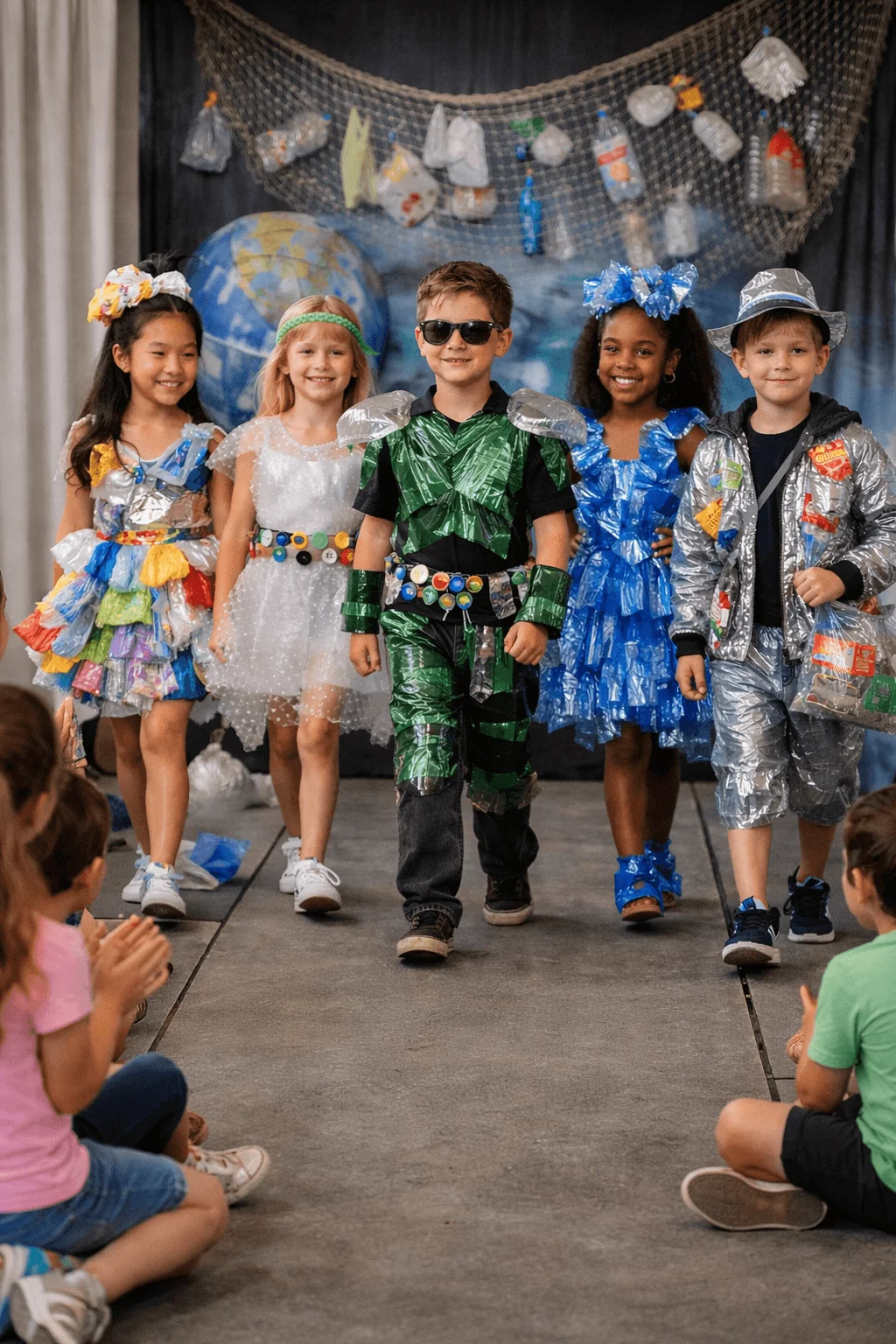 Five children walking down a runway wearing creative outfits made from recycled plastic bags bottles and wrappers while an audience of kids watches and claps with a backdrop showing a globe fishing net and hanging plastic items to highlight environmental awareness.