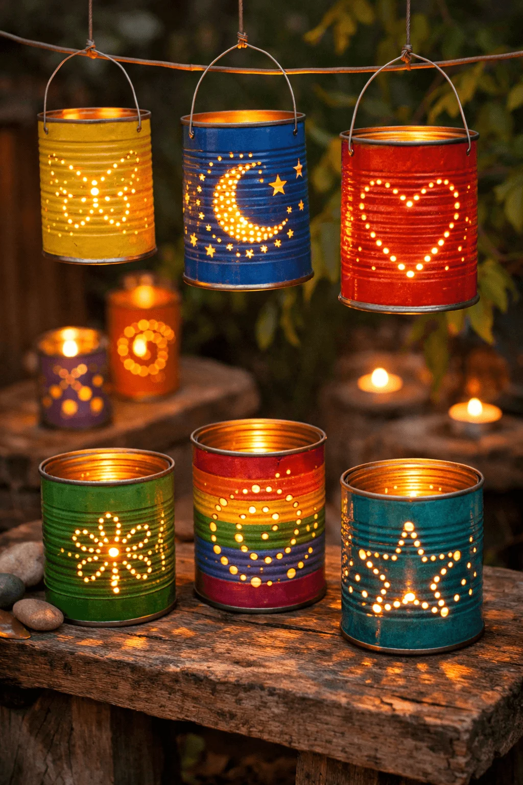 Colorful recycled tin can lanterns with decorative punched patterns such as a butterfly moon heart flower rainbow and star glowing warmly with candlelight and hanging outdoors as creative eco friendly garden lights.
