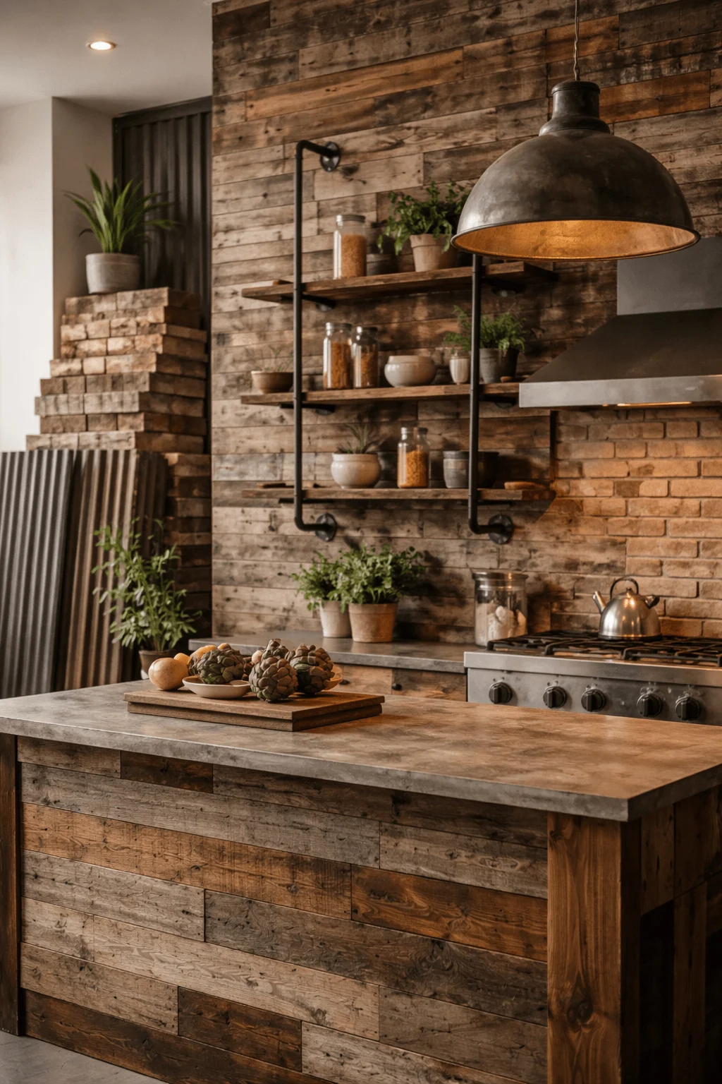 Kitchen interior using recycled and reclaimed wood materials for sustainable home design.