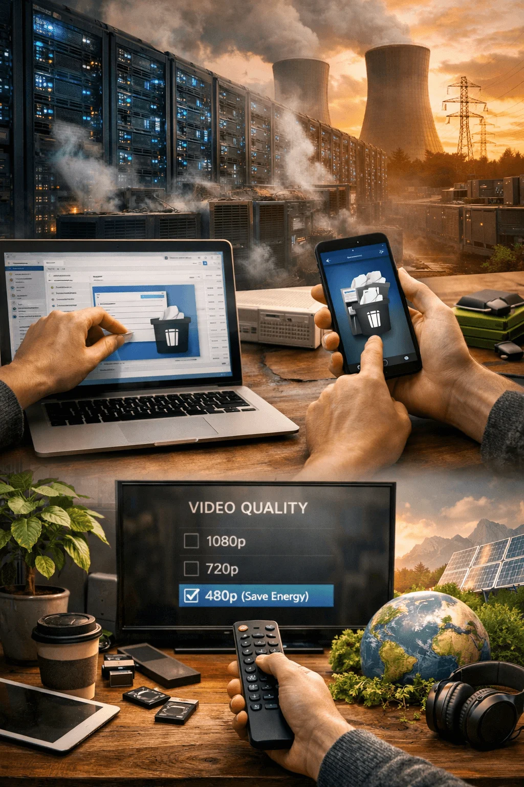 A visual representation of reducing digital carbon footprints, showing data centers emitting heat and energy, deleting unnecessary files on devices, and lowering video streaming quality to save energy, alongside symbols of renewable energy and environmental awareness.