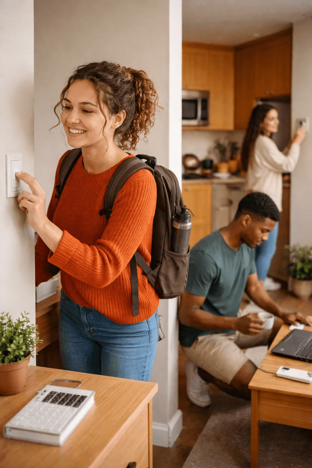Student turning off a light switch while roommates use electronics in a shared apartment, highlighting efforts to reduce energy use in student housing.