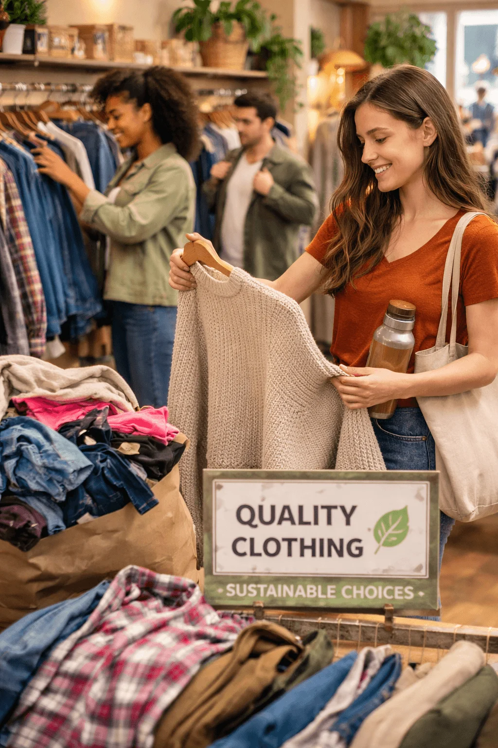 Student browsing second-hand clothing in a thrift shop and choosing a sweater near a sign that reads “Quality Clothing – Sustainable Choices,” highlighting reducing fast fashion consumption.