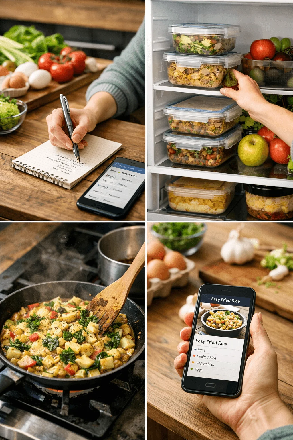 Collage showing meal planning notes, prepared food containers stored in a refrigerator, cooking vegetables in a pan, and a smartphone displaying a simple recipe to help reduce food waste.