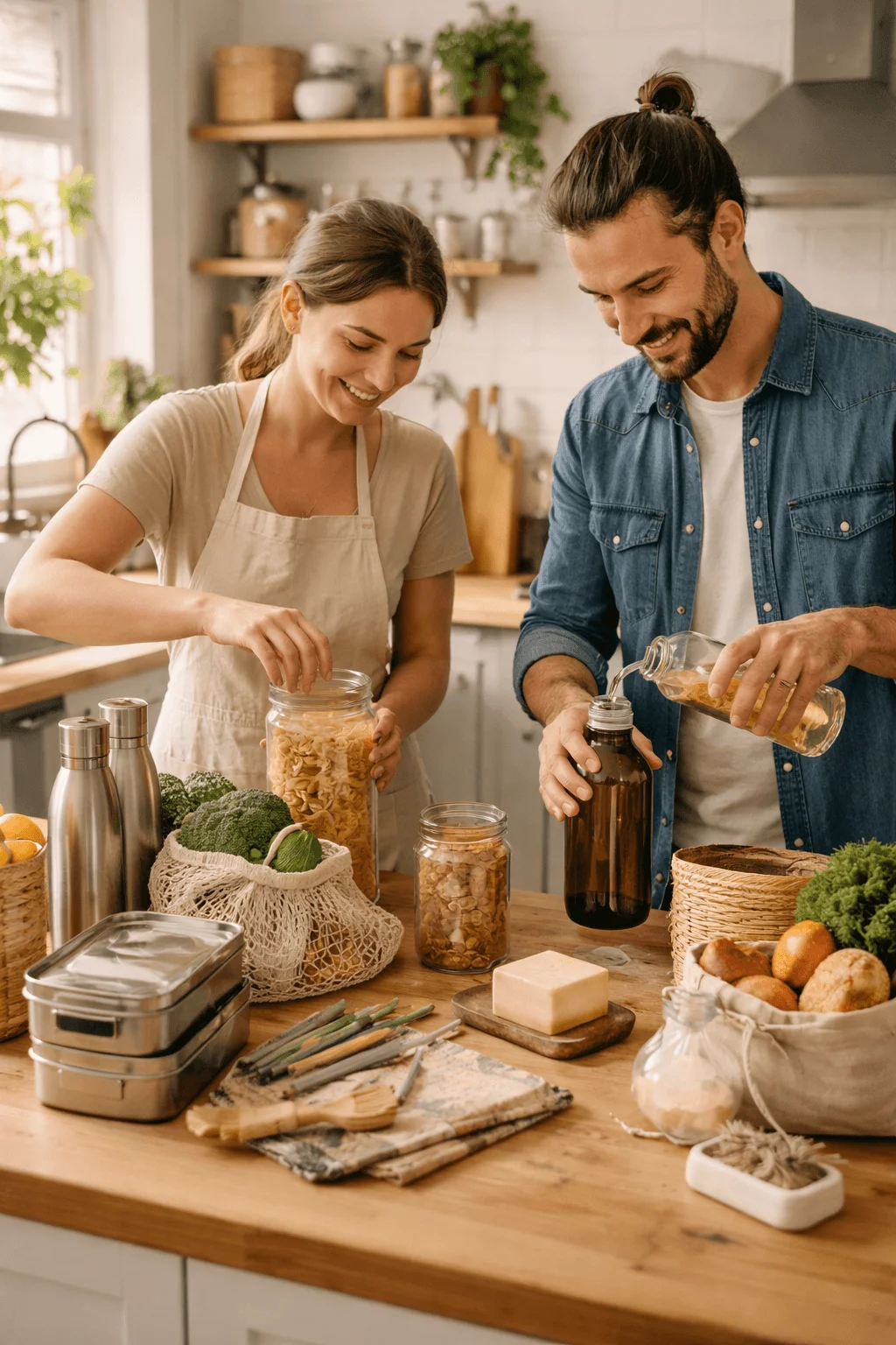 Couple in a kitchen using reusable containers, cloth bags, and refillable bottles to reduce plastic waste in daily routines.