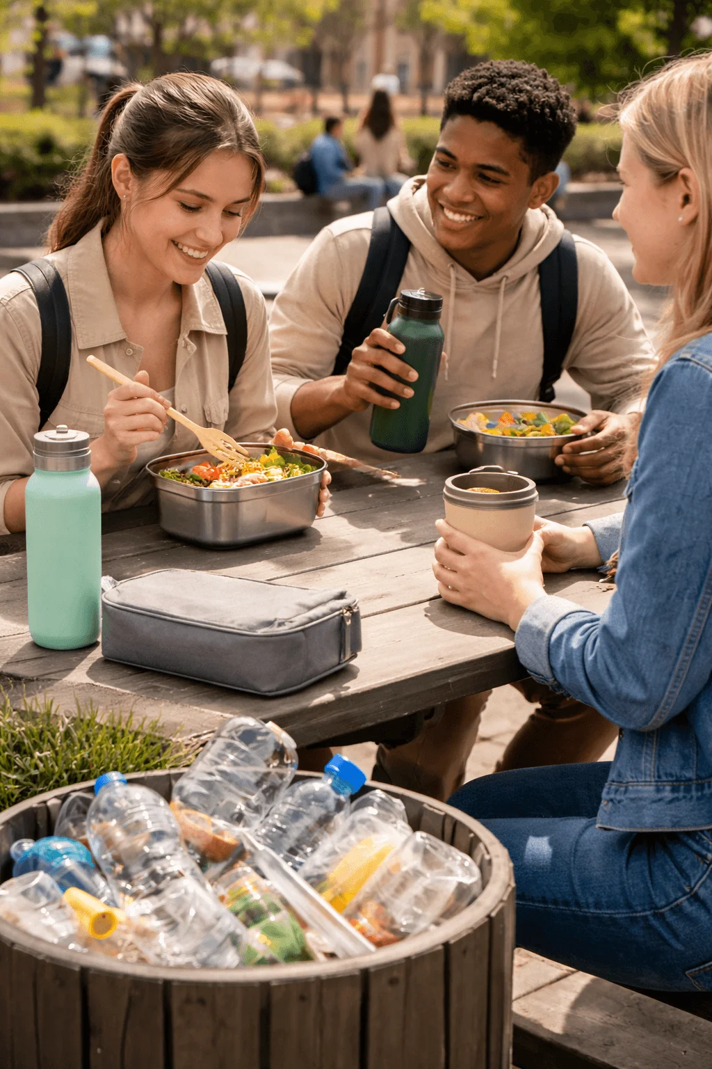 Students eating lunch outdoors using reusable containers and water bottles beside a recycling bin filled with plastic bottles, highlighting efforts to reduce plastic waste.