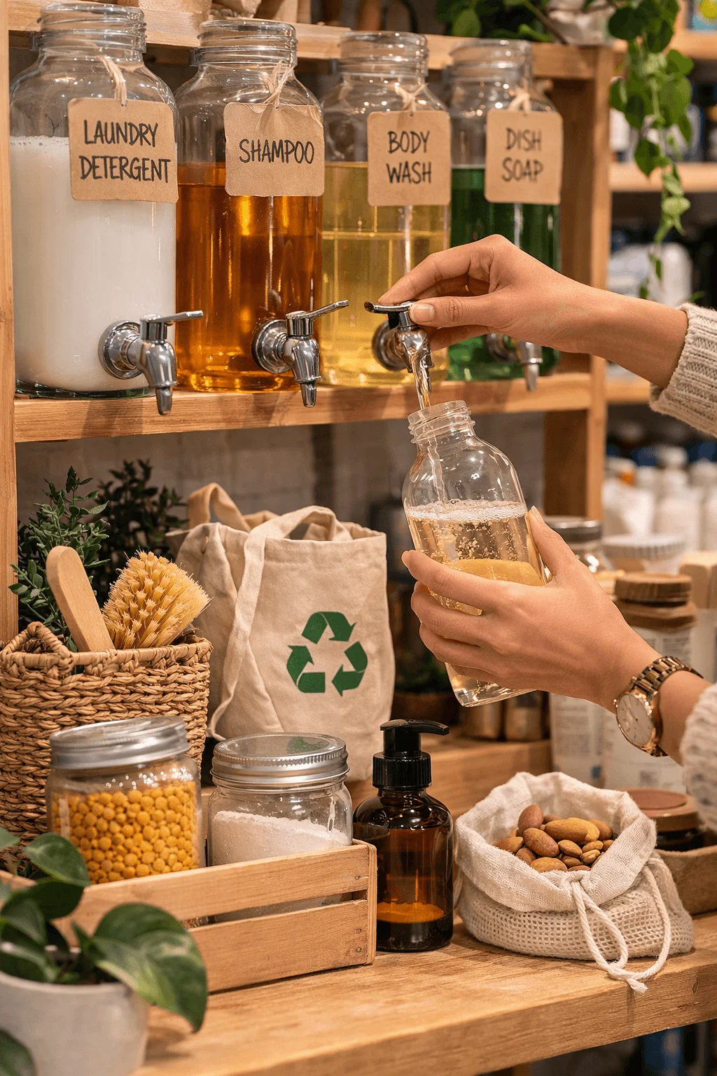 Person refilling a reusable bottle with eco-friendly household products from bulk dispensers labeled laundry detergent, shampoo, body wash, and dish soap in a zero-waste refill store setting.