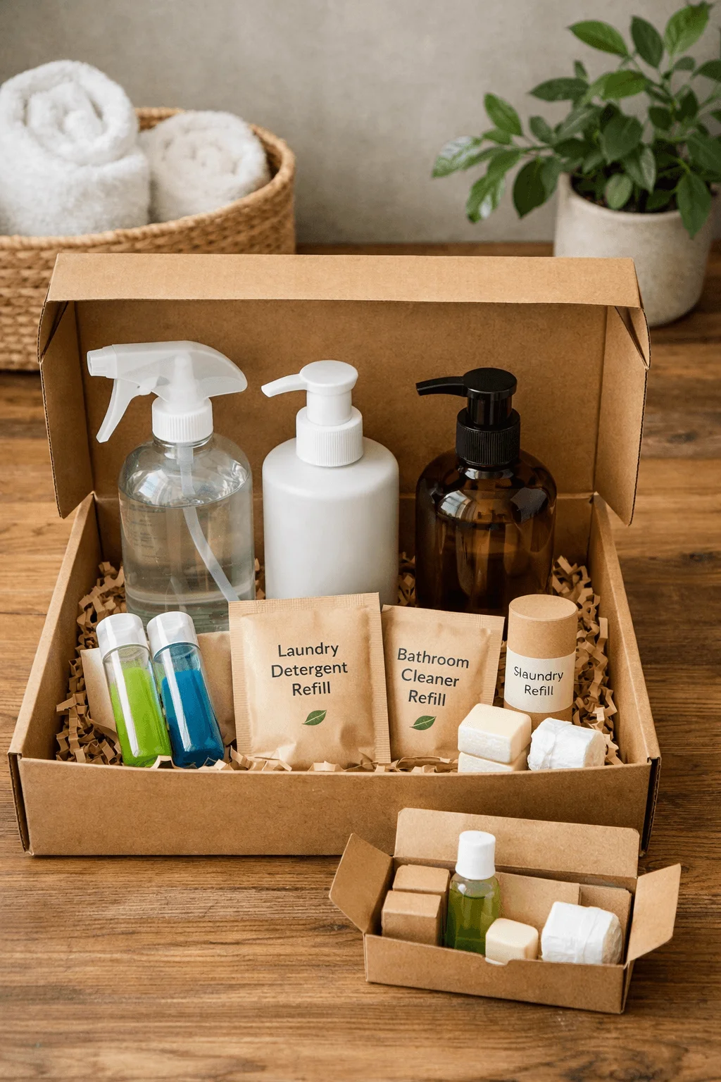 Refill subscription box for household essentials with reusable spray bottles pump bottles detergent refill packets cleaning tablets and small refill kit arranged in a cardboard box on a wooden table
