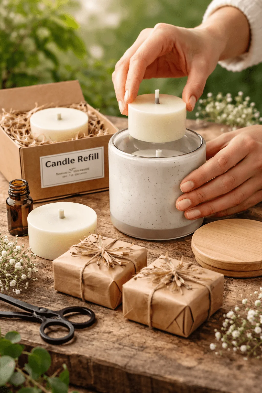 Refillable candle system with reusable container and replaceable wax inserts, packaged in simple kraft boxes with eco friendly wrapping materials