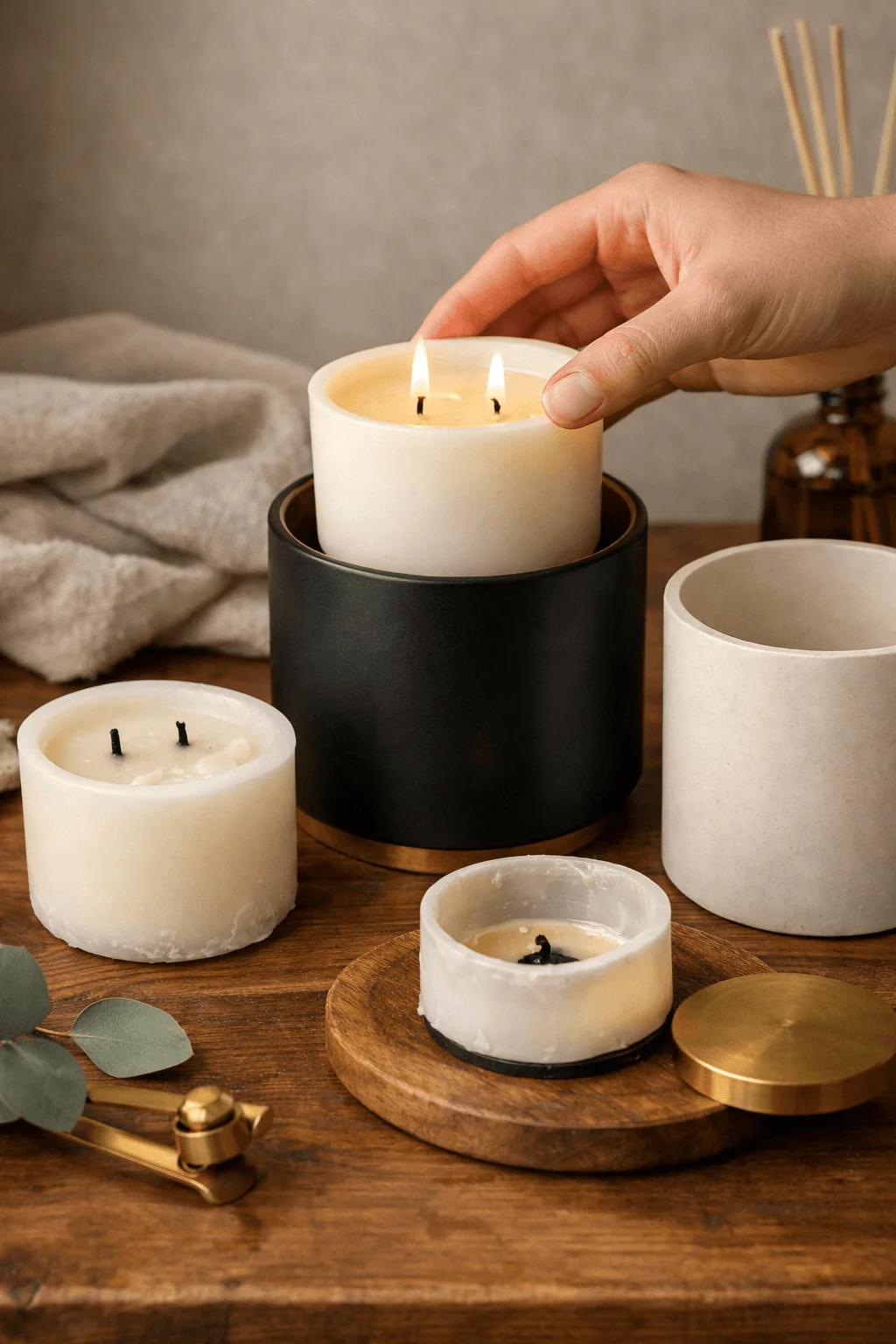 Refillable candle system with reusable candle holders wax refill inserts and a hand placing a lit candle on a wooden table with home decor items in the background