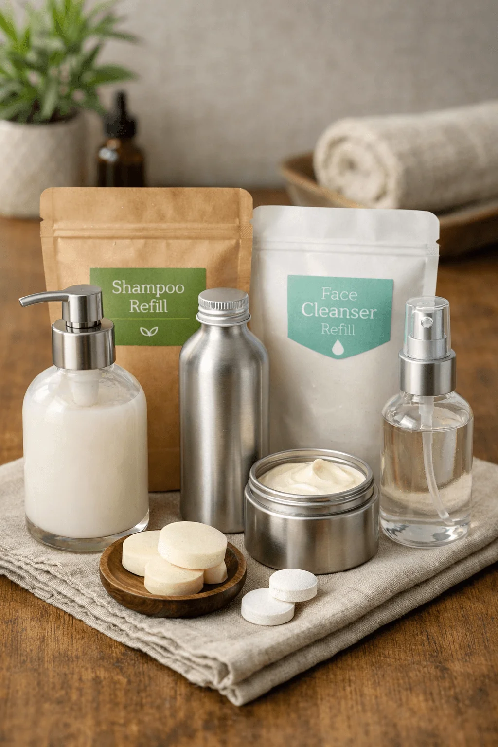Refillable personal care kit with reusable bottles shampoo refill pouch face cleanser refill pouch cream jar spray bottle and solid tablets arranged on a wooden table with a folded cloth and plant in the background