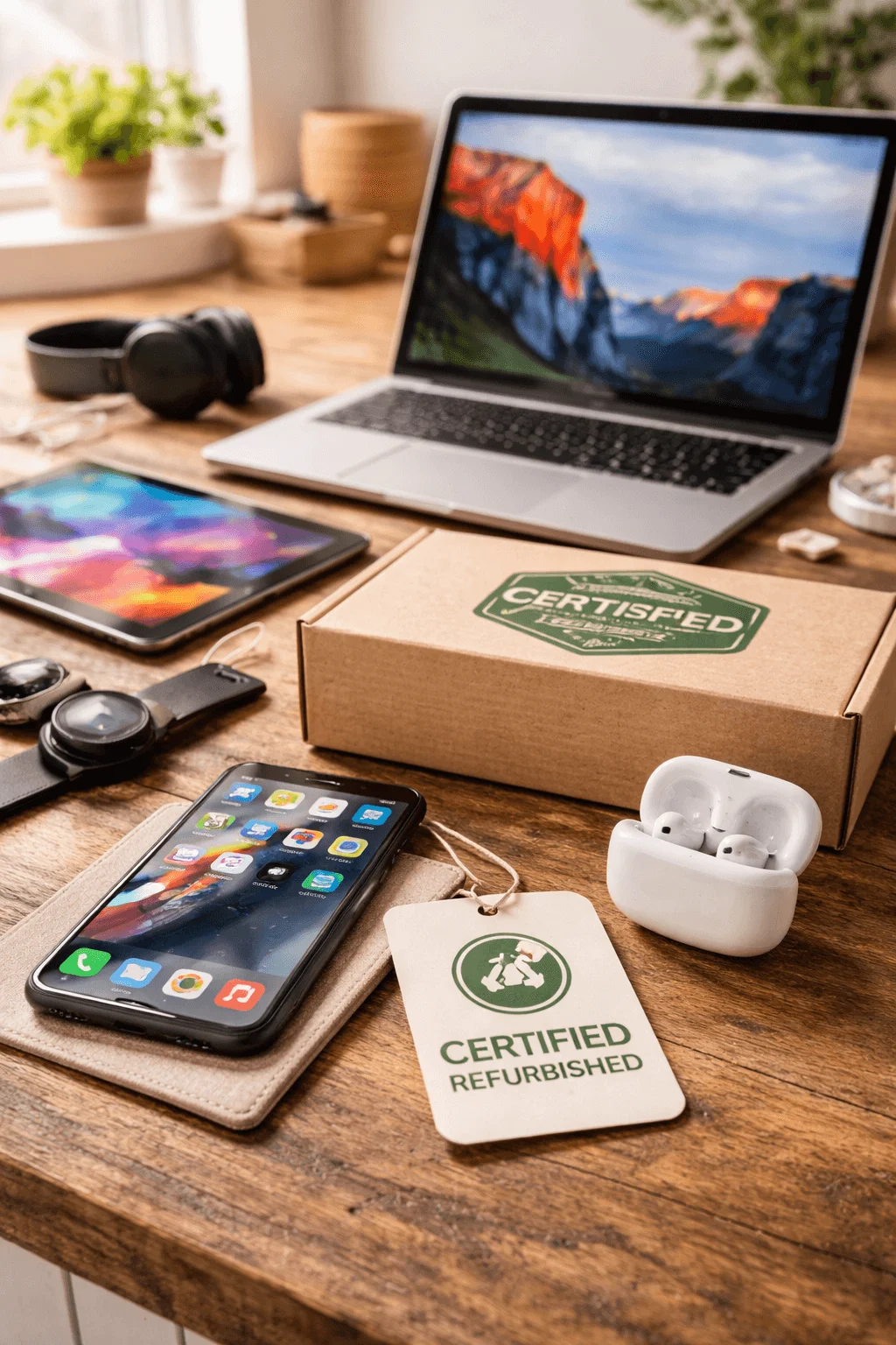 Certified refurbished electronics displayed on a wooden desk including a smartphone wireless earbuds smartwatch tablet and laptop beside eco friendly packaging labeled certified refurbished highlighting sustainable tech purchases with warranty and reduced electronic waste